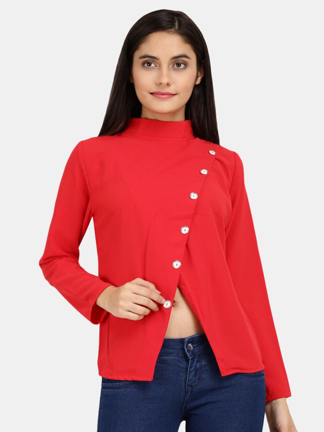 

V-Mart High Neck Long Sleeves Cotton Top, Red