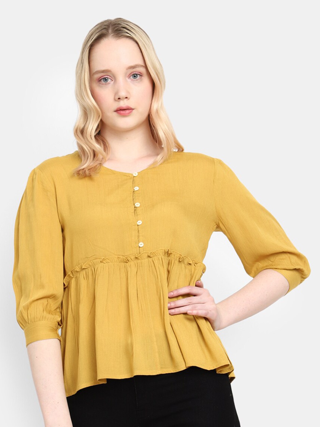 

V-Mart V-Neck Puff Sleeves Gathers Peplum Top, Mustard