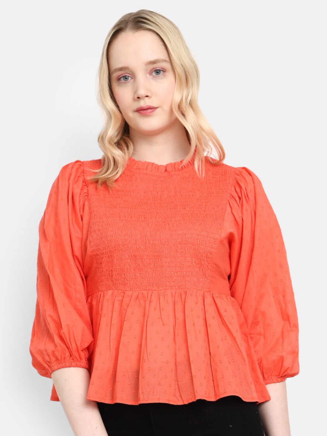 

V-Mart Micro Disty Printed High Neck Puff Sleeves Ruffled Cotton Peplum Top, Peach