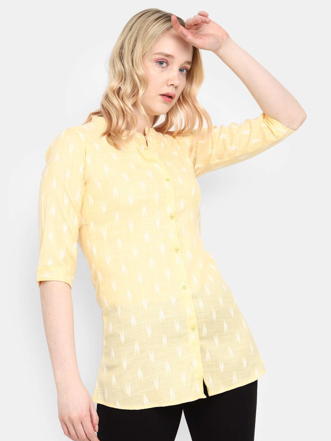 

V-Mart Geometric Printed Mandarin Collar Cotton Shirt style Top, Yellow