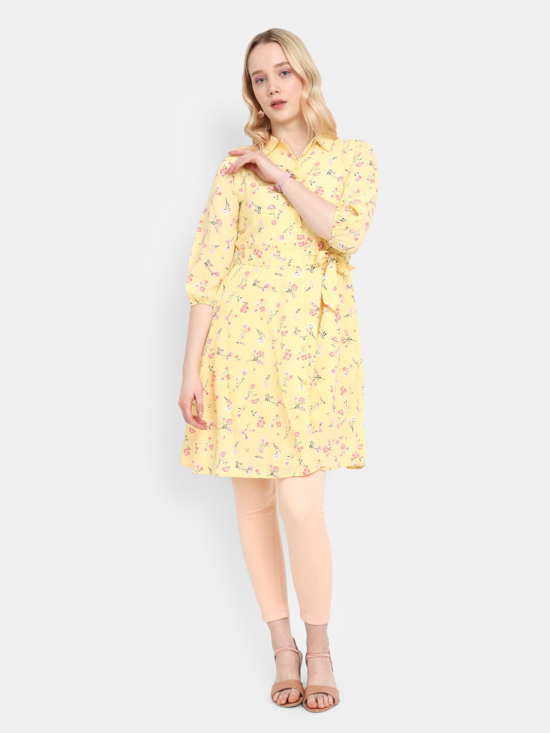 

V-Mart Floral Printed Longline Cotton Shirt Style Top, Yellow