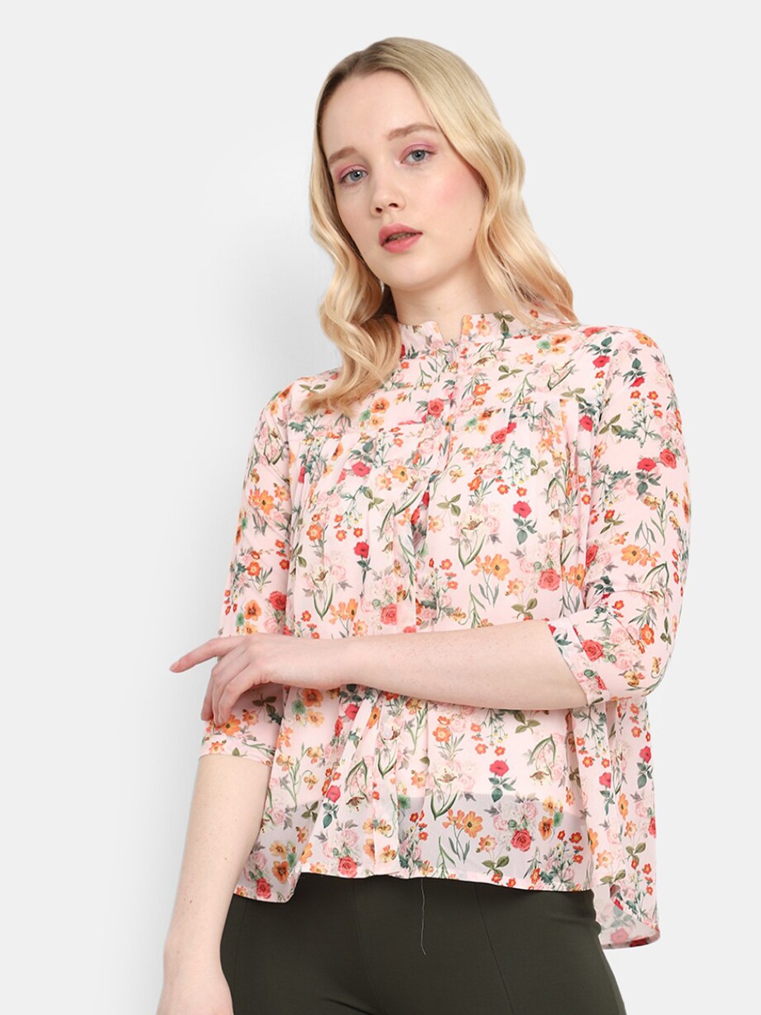 

V-Mart Floral Printed Mandarin Collar Accordion Pleated Georgette Shirt Style Top, Pink