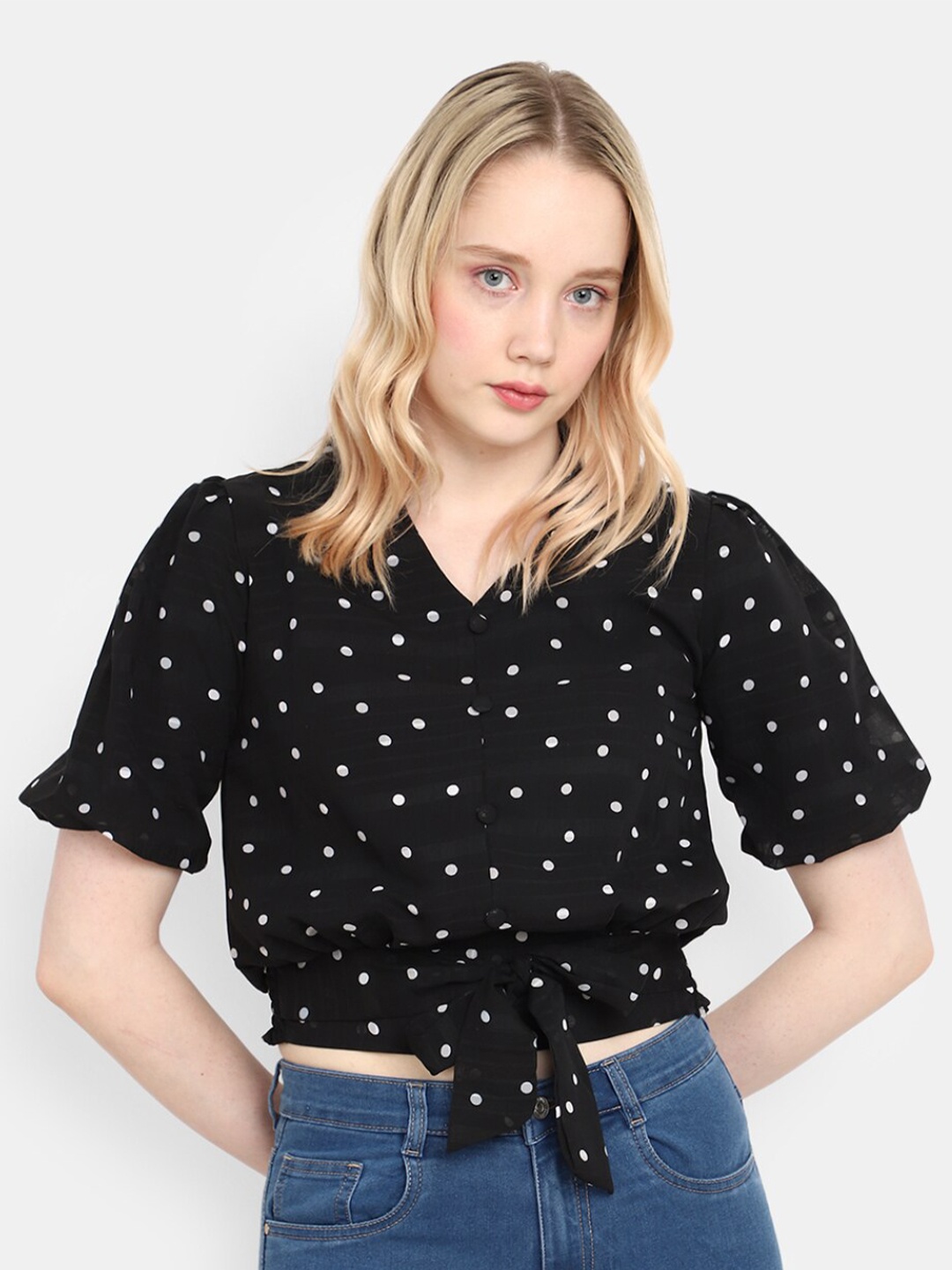 

V-Mart Shirt Collar Polka Dot Printed Puff Sleeves Cotton Blouson Top, Black