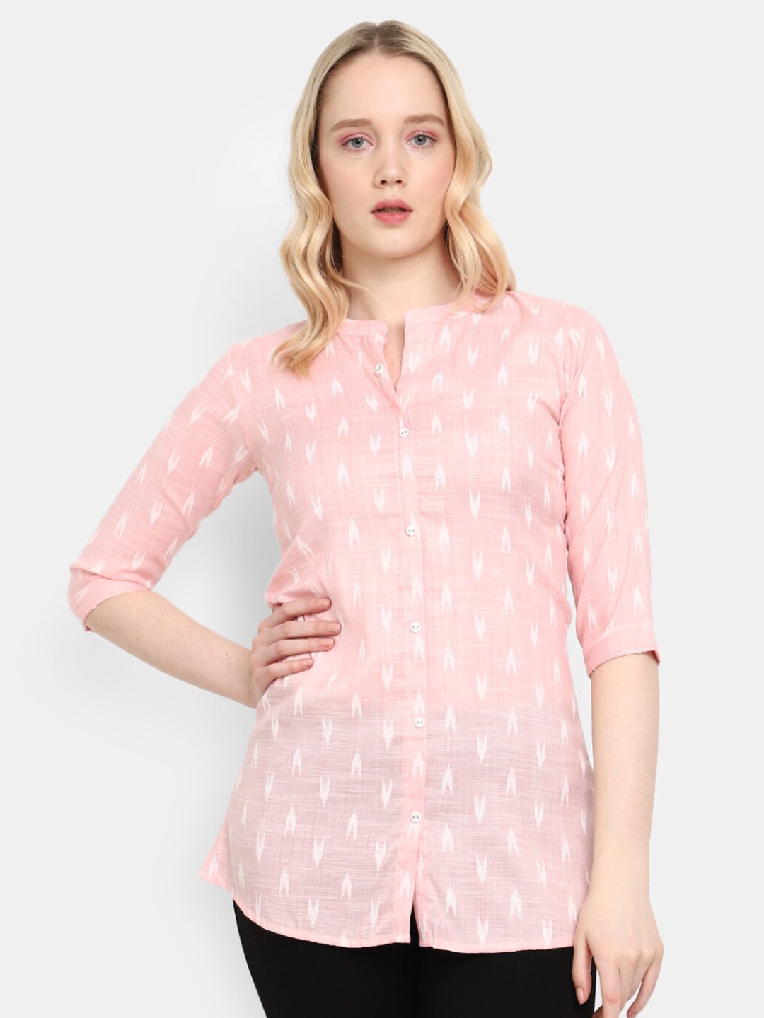 

V-Mart Geometric Printed Mandarin Collar Cotton Shirt style Top, Pink