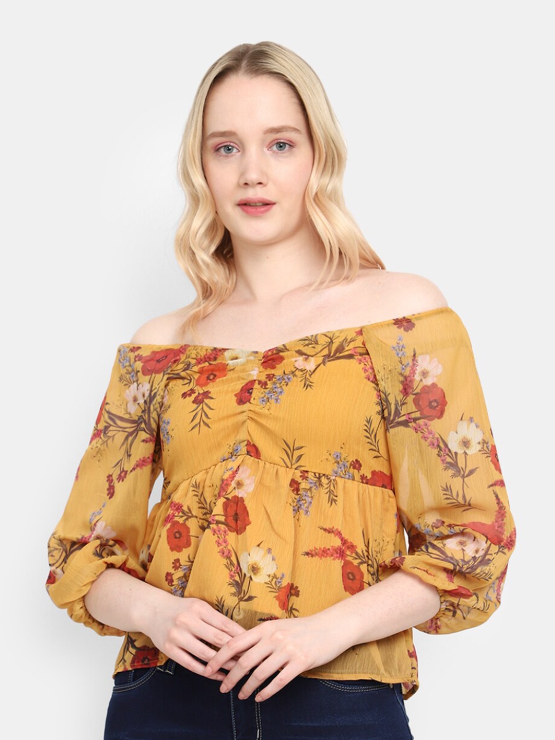 

V-Mart Floral Printed Off-Shoulder Puff Sleeves Smocked Georgette Bardot Top, Mustard