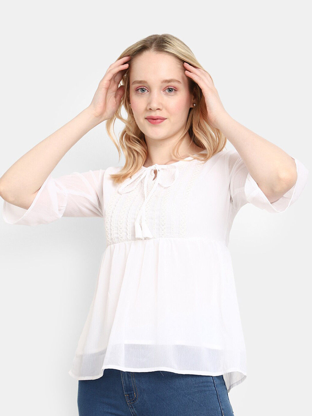 

V-Mart Tie-Up Neck Bell Sleeves Cotton Empire Top, White
