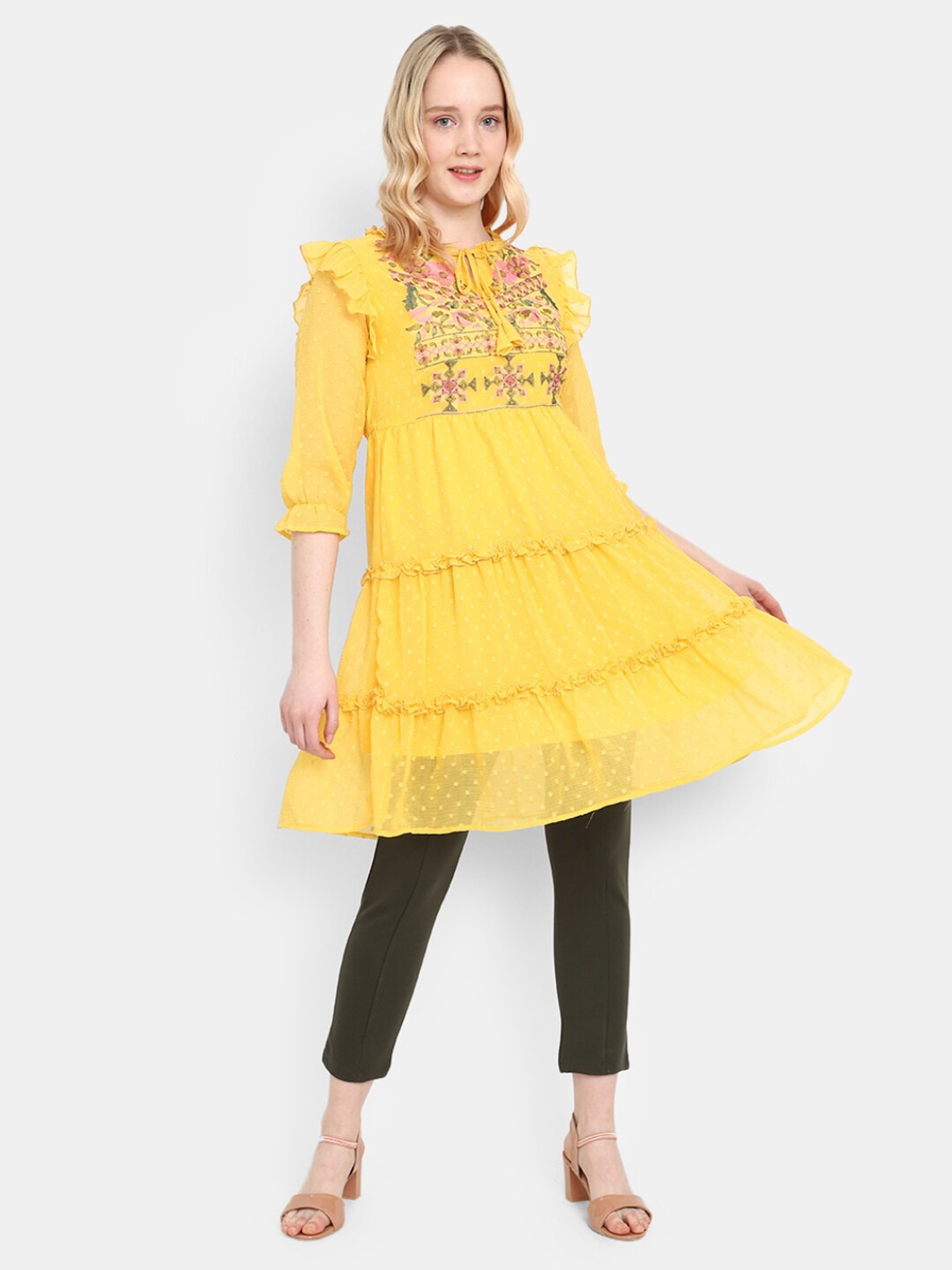 

V-Mart Floral Printed Tie-Up Neck Ruffled Georgette Dress, Yellow
