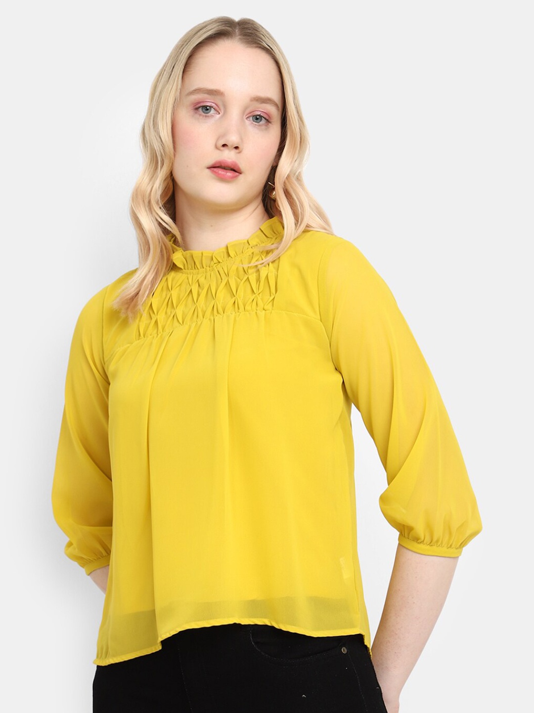 

V-Mart High Neck Puff Sleeves Gathered Georgette Top, Yellow