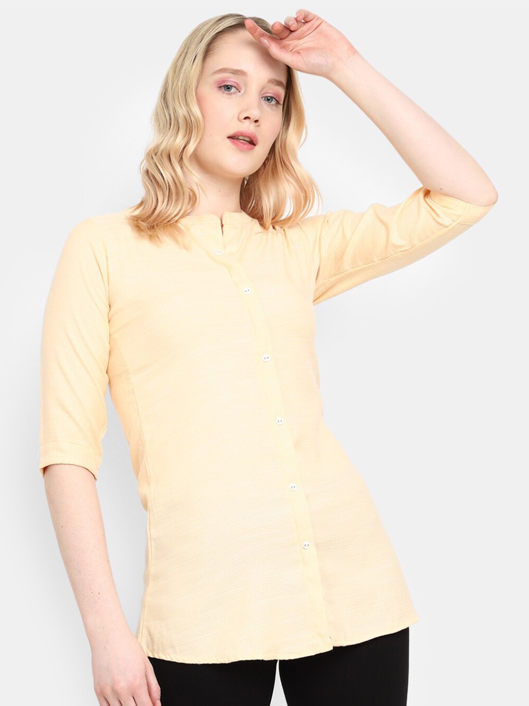 

V-Mart Self Design Mandarin Collar Cotton Top, Yellow