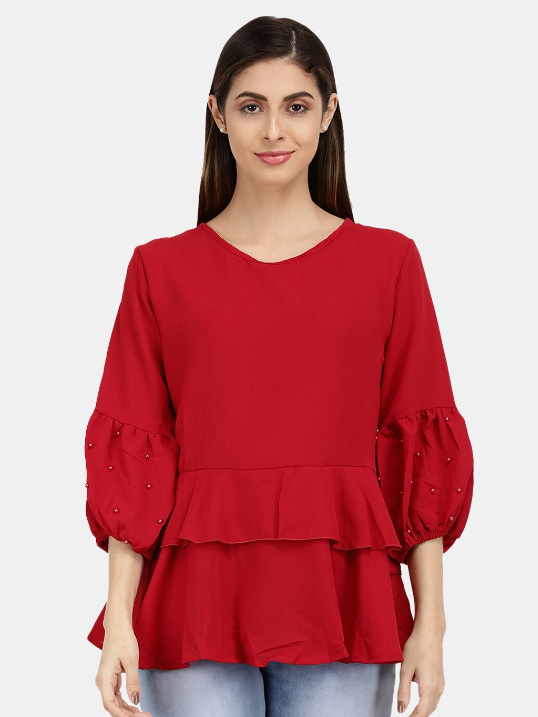 

V-Mart Bishop Sleeve V-Neck Cotton Peplum Top, Maroon