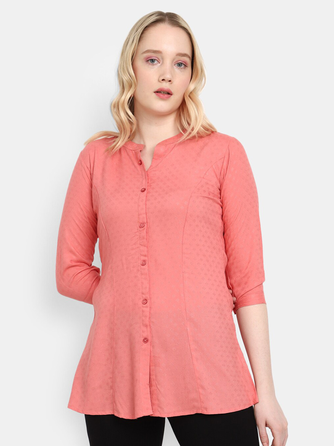 

V-Mart Self Design Mandarin Collar Cotton Shirt Style Top, Pink