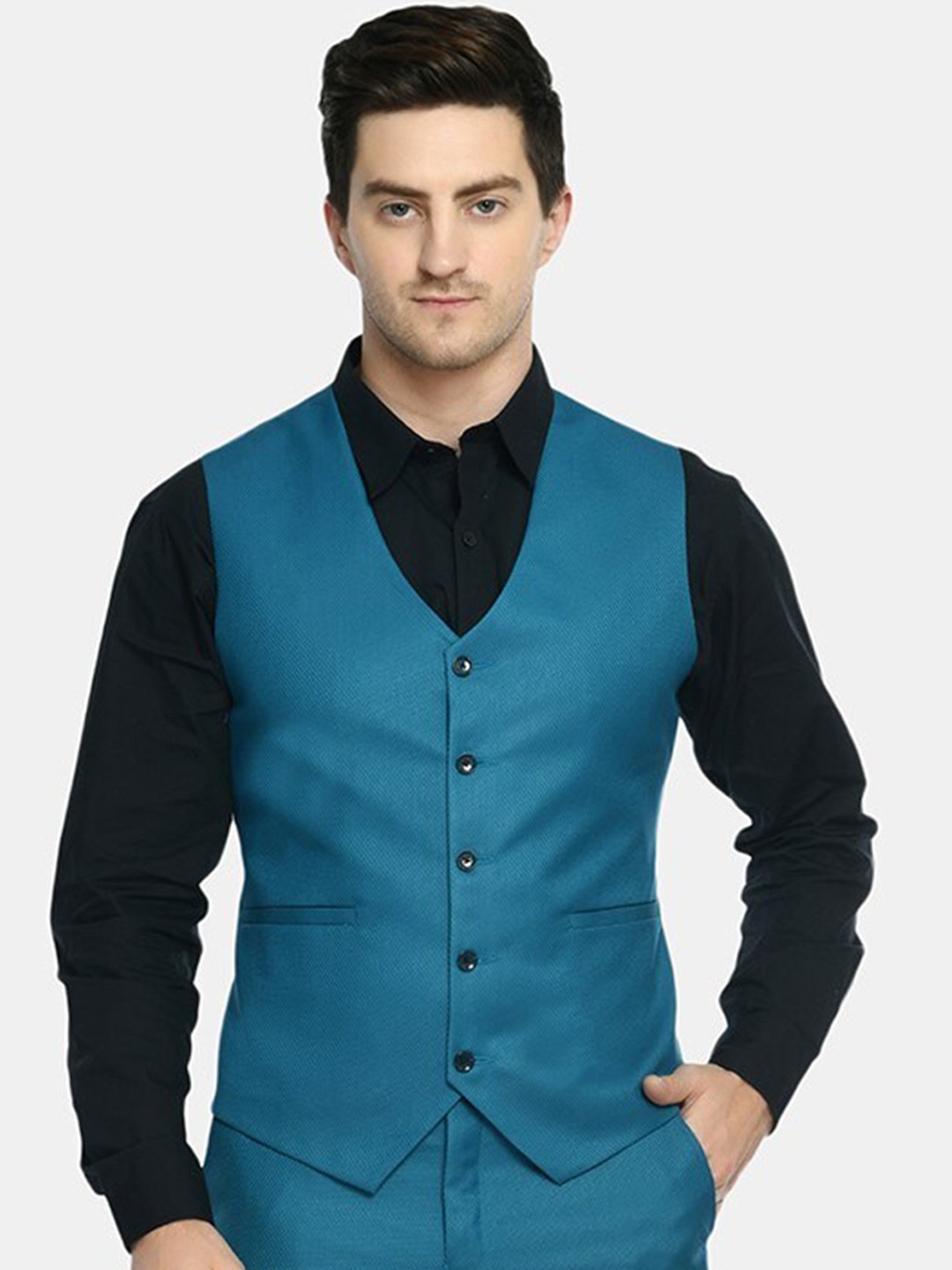 

TrulyFeb V-Neck Single Breasted Slim-Fit Corduroy Waistcoat, Blue