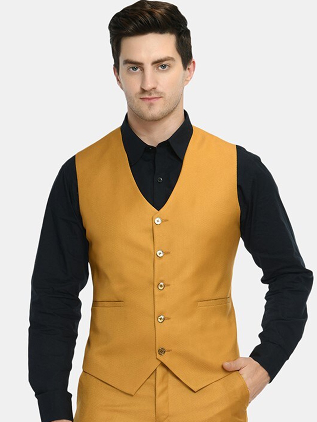 

TrulyFeb V-Neck Single Breasted Slim-Fit Corduroy Waistcoat, Yellow