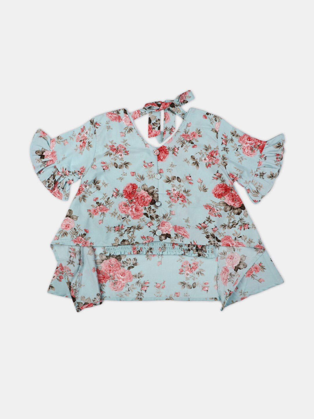 

V-Mart Girls Floral Printed V-Neck Bell Sleeve Tie-Up Cotton Tiered Top, Blue