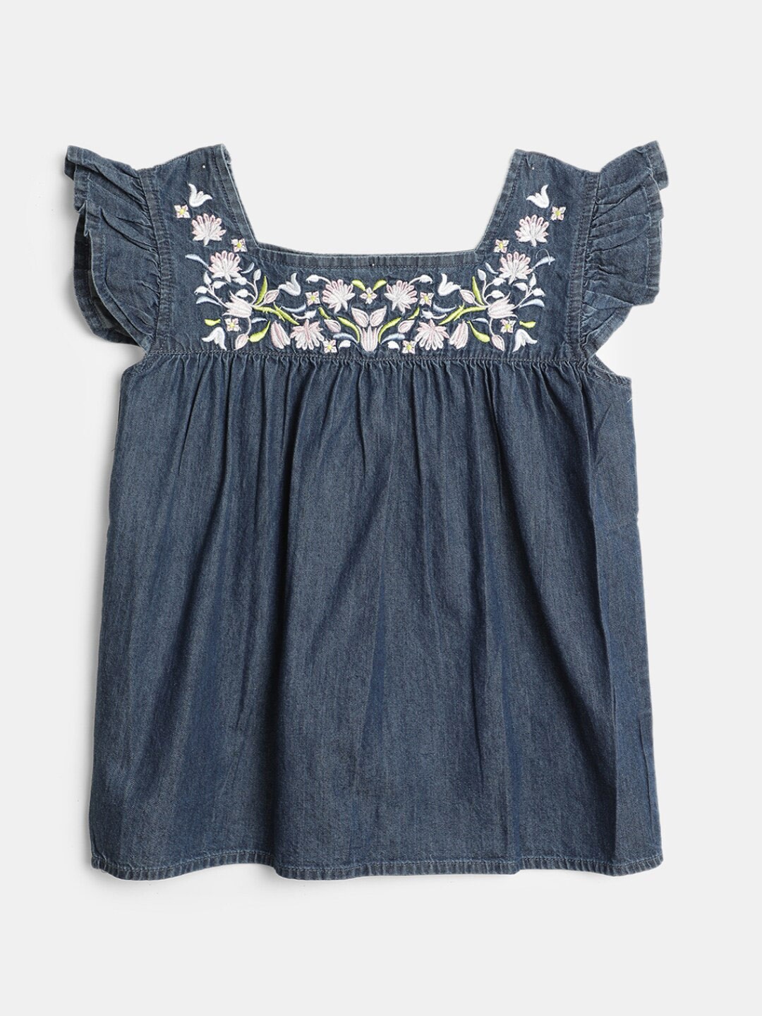 

V-Mart Girls Floral Embroidered Square Neck Flutter Sleeves Cotton Top, Blue