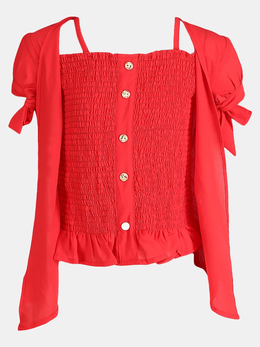 

V-Mart Puff Tie-up Sleeves Smocked Cotton Top, Red