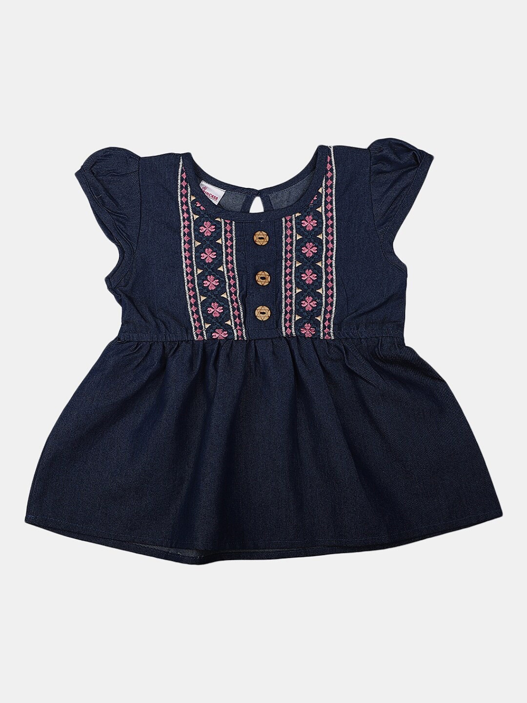 

V-Mart Girls Floral Embroidered Cap Sleeves Cotton A-Line Top, Blue