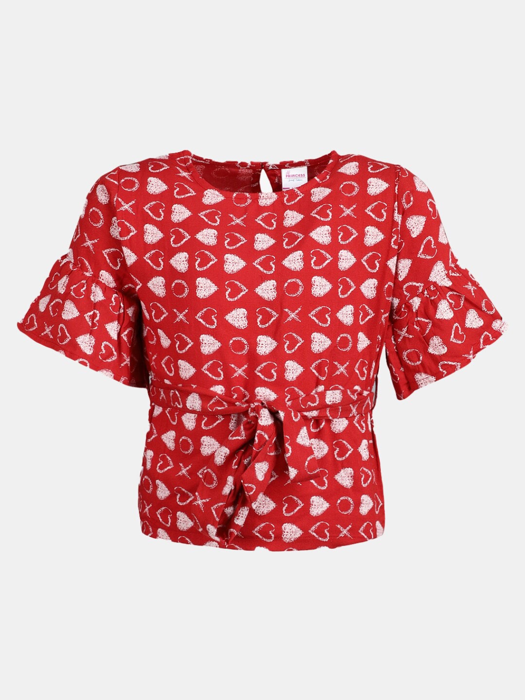 

V-Mart Girls Conversational Printed Bell Sleeves Waist Tie-Ups Top, Red