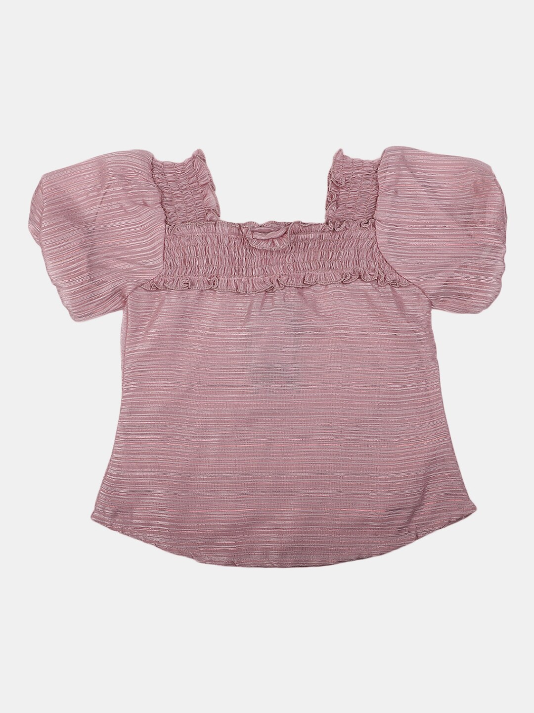 

V-Mart Girls Striped Puff Sleeves Smocked Chiffon Top, Pink