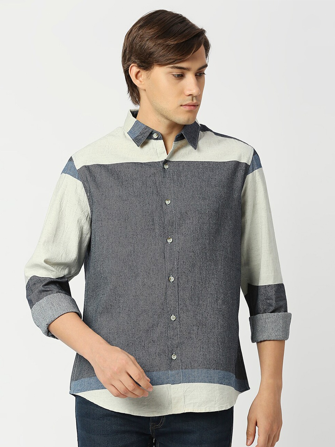

VALEN CLUB Slim Fit Colourblocked Pure Cotton Casual Shirt, Blue