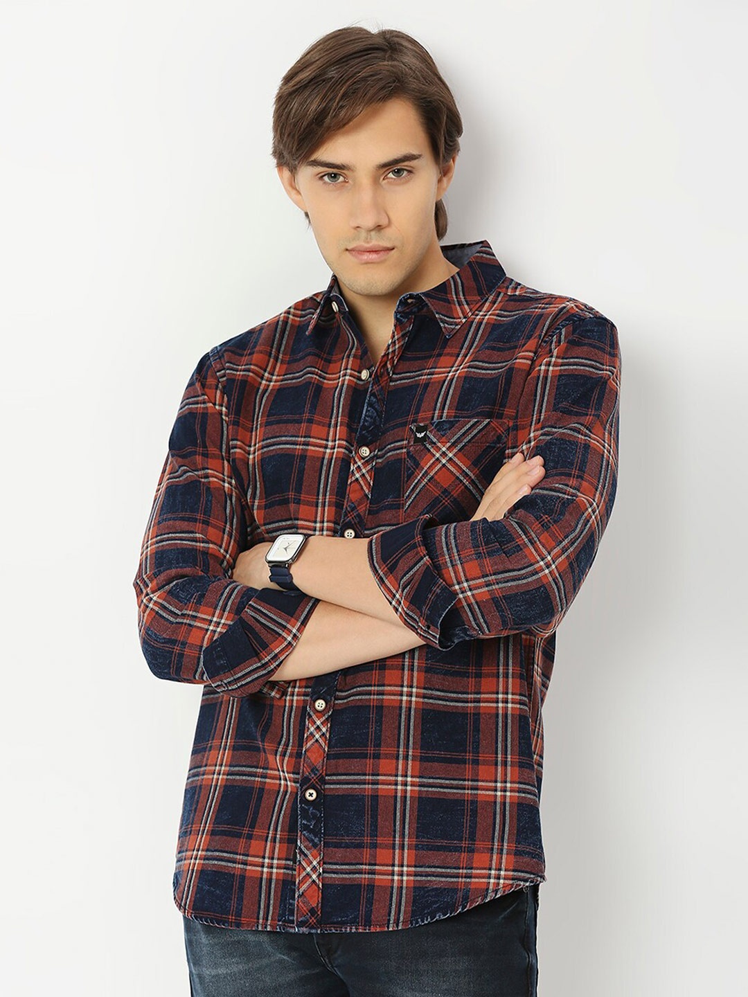 

VALEN CLUB Slim Fit Tartan Checked Casual Pure Cotton Shirt, Red
