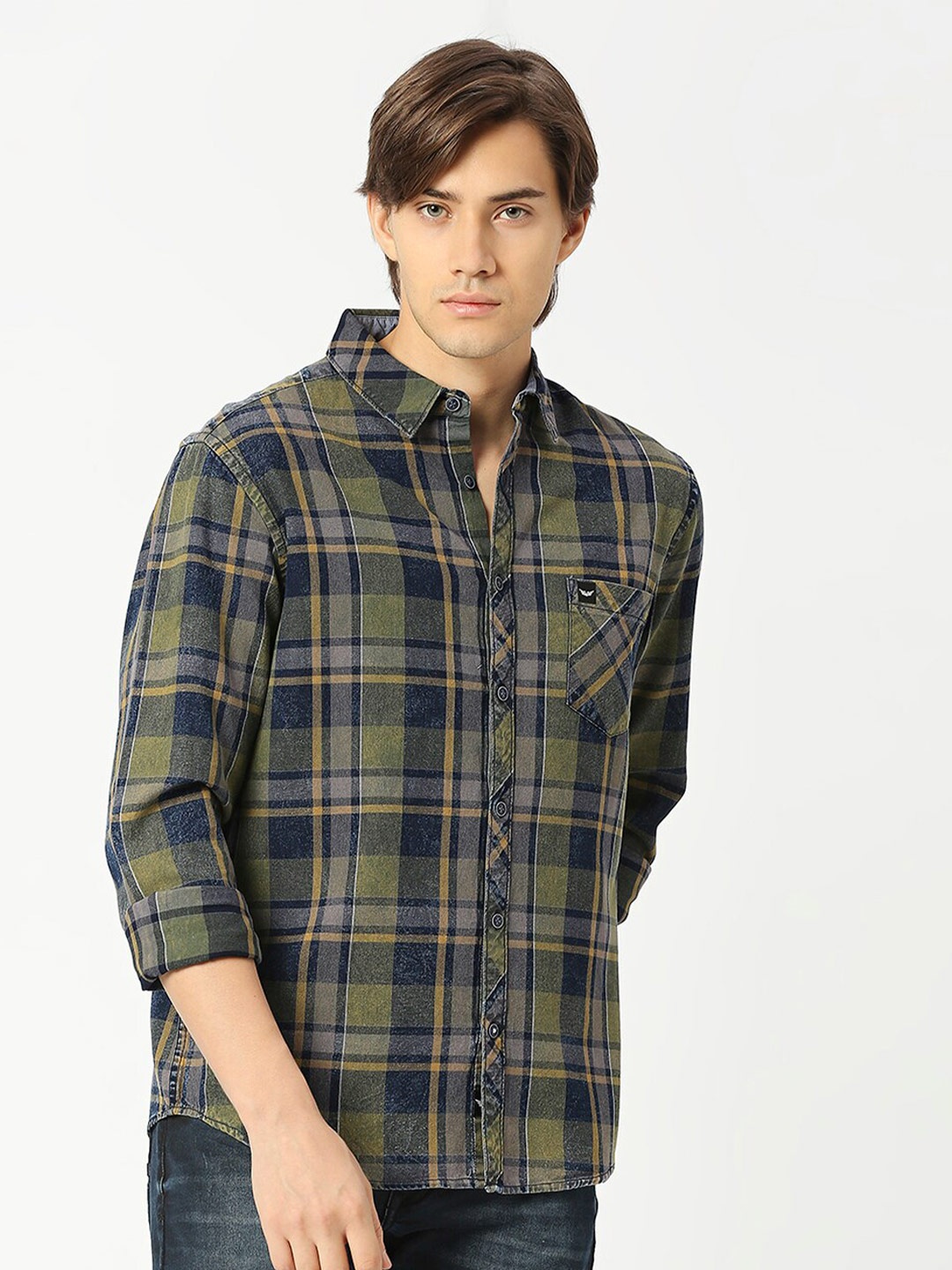 

VALEN CLUB Slim Fit Tartan Checks Pure Cotton Casual Shirt, Green