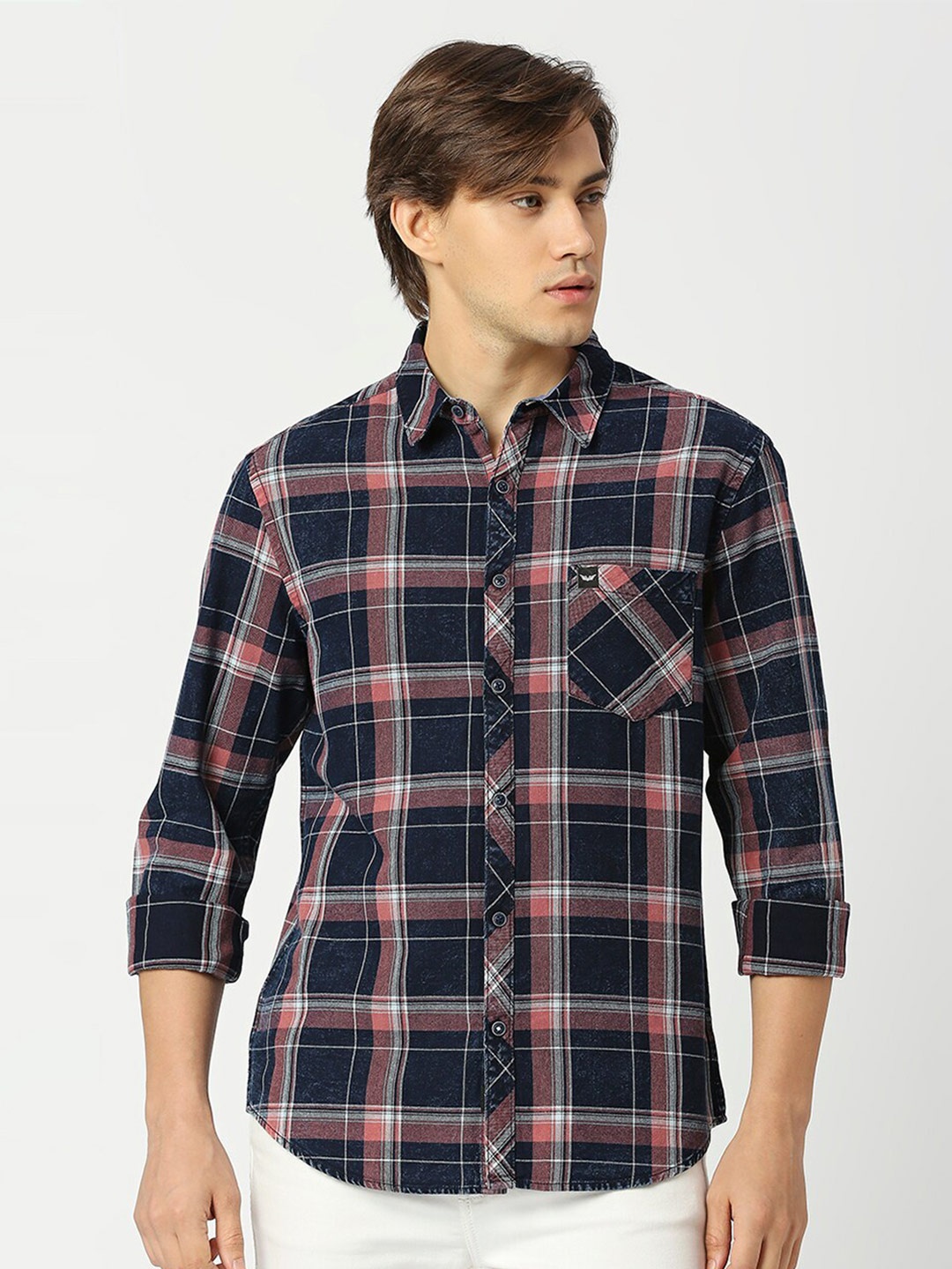 

VALEN CLUB Slim Fit Tartan Checked Casual Pure Cotton Shirt, Navy blue