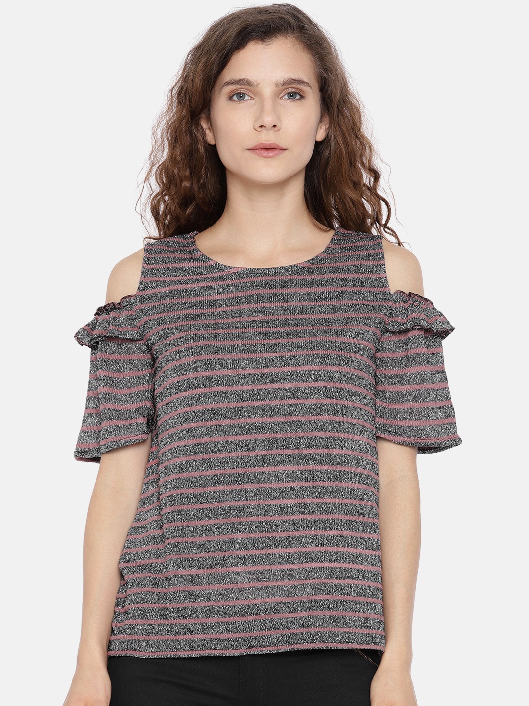 

ONLY Women Black & Mauve Metallic Thread Striped Cold-shoulder Top