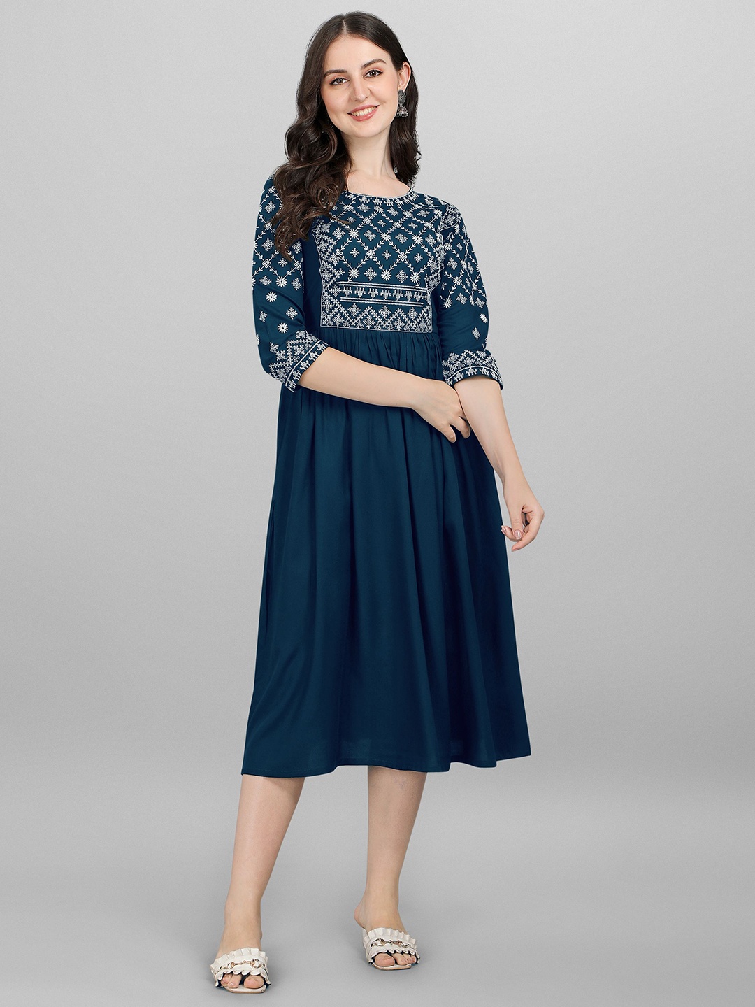 

Shree Ramkrishna Fab Blue Ethnic Motifs Print A-Line Midi Dress