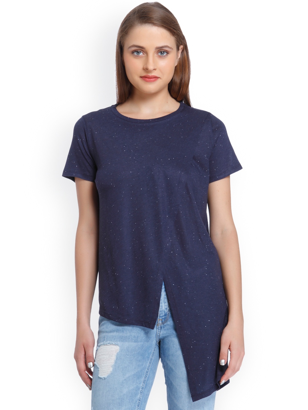 

ONLY Women Navy Solid High-Low Top, Navy blue