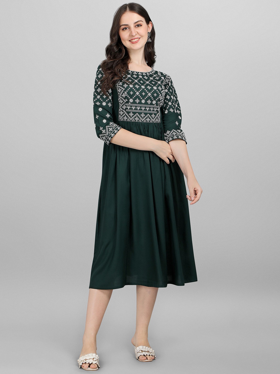 

Shree Ramkrishna Fab Embroidered Fit and Flare Midi Ethnic Dress, Green