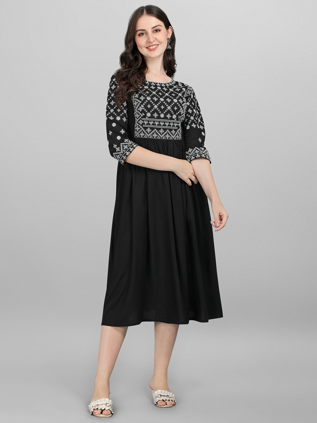 

Shree Ramkrishna Fab Ethnic Motifs Embroidery A-Line Midi Dress, Black