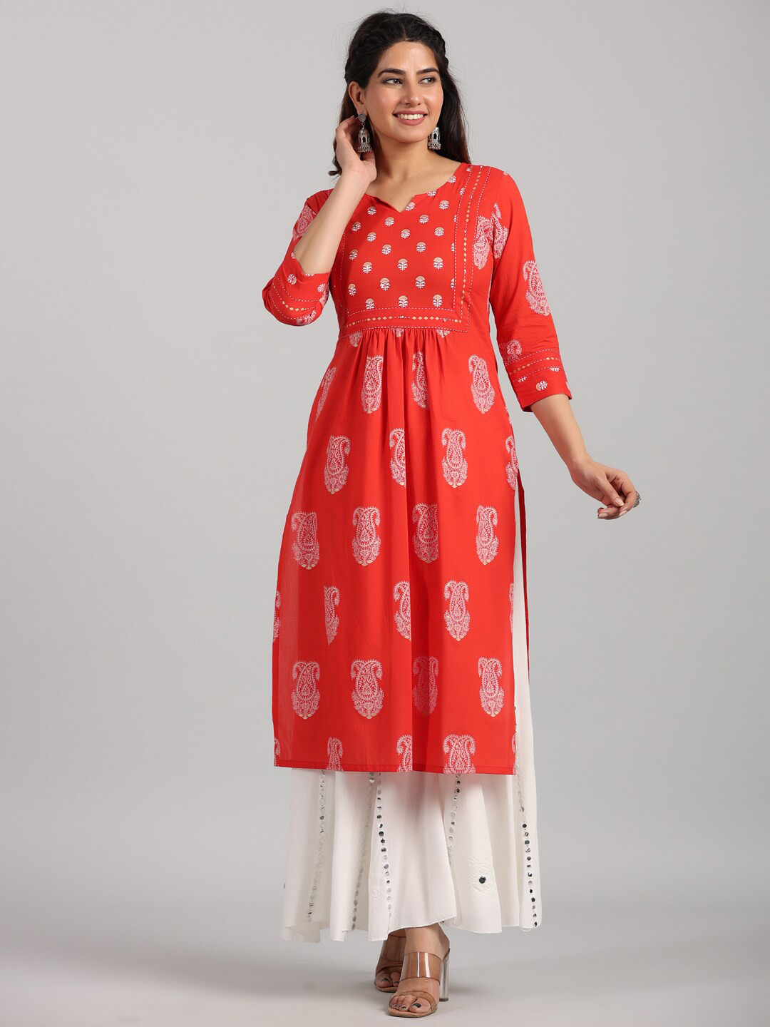 

PARCHHAI Ethnic Motifs Printed Notched Neck Beads & Stones Pure Cotton Kurta, Red