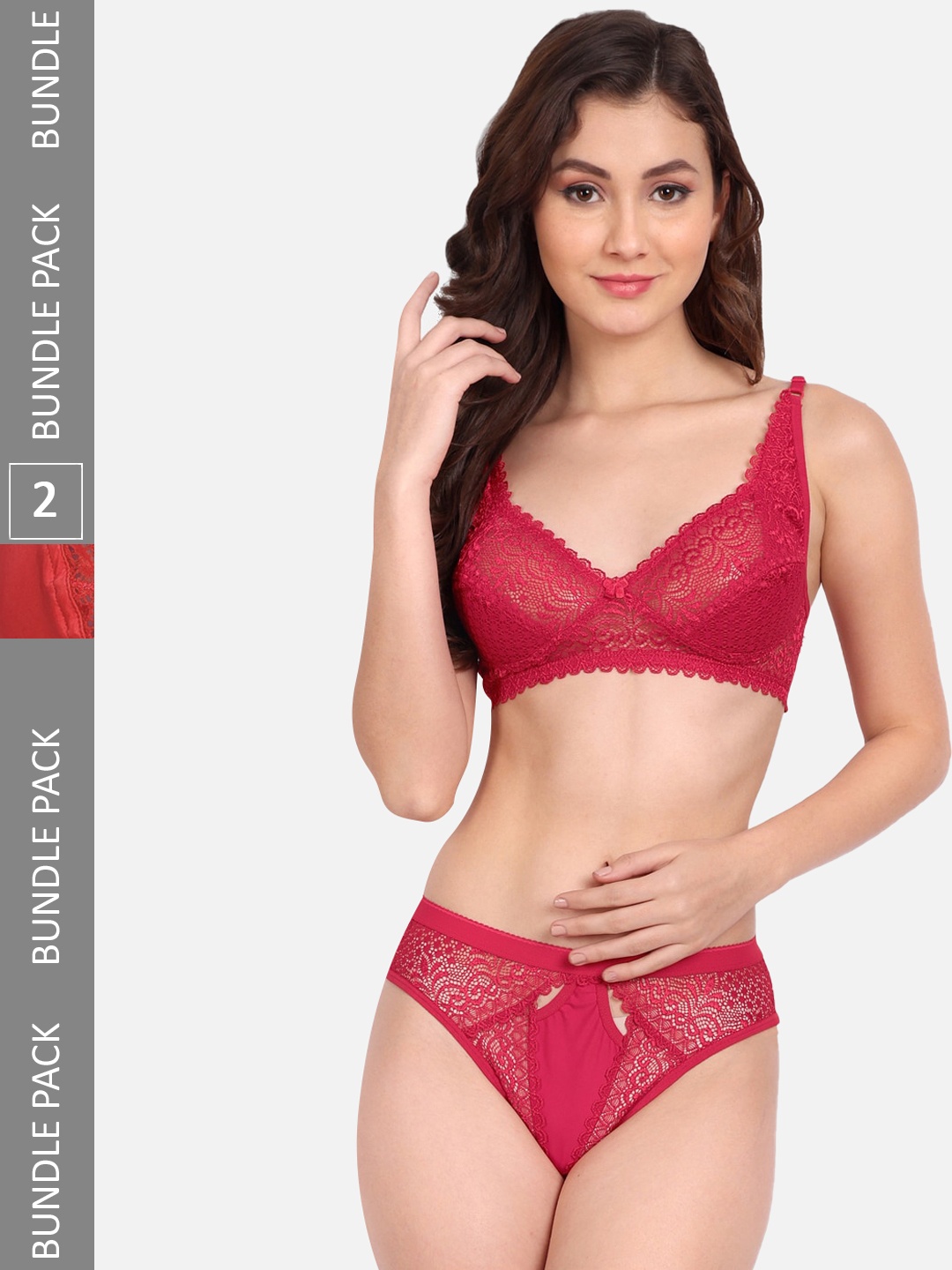 

FIMS Pack Of 2 Self-Design Lace Lingerie Set C_StoneSet_Pink_KatSet_Red_B