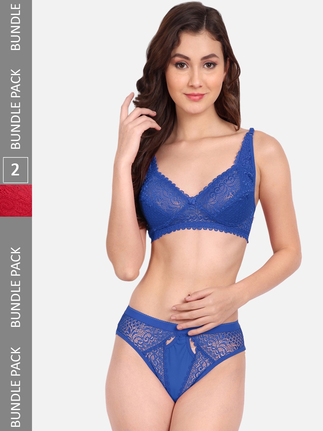 

FIMS Pack Of 2 Self-Design Lingerie set C_StoneSet_Blue_BlumerSet_Red_B