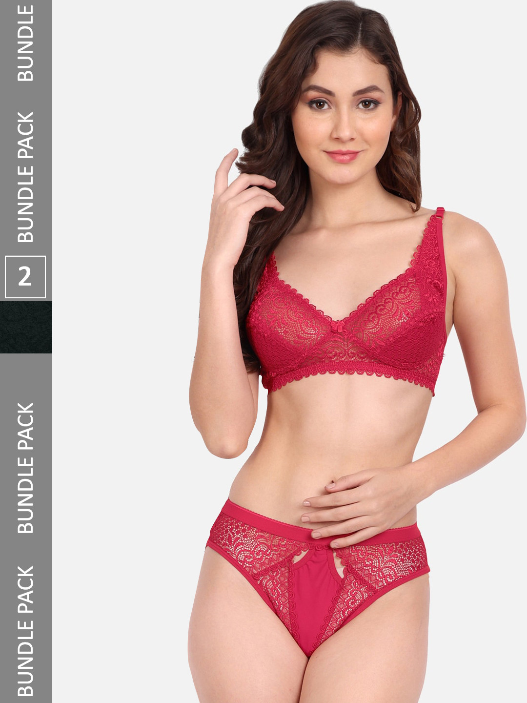 

FIMS Pack Of 2 Self-Design Lace Lingerie Set C_StoneSet_Pink_BlumerSet_Black_B