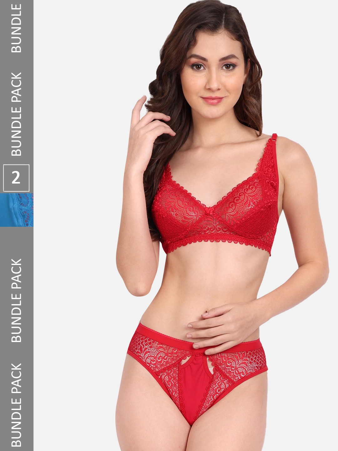 

FIMS Pack Of 2 Self-Design Lace Lingerie Set, Red