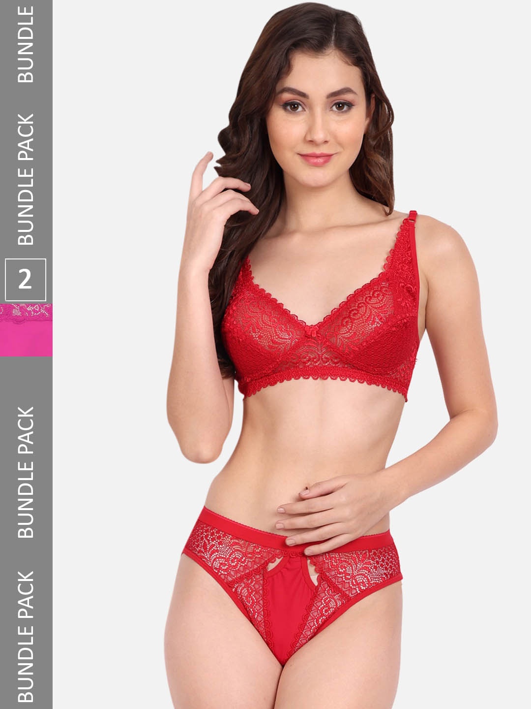

FIMS Pack Of 2 Self-Design Lace Lingerie Set, Red