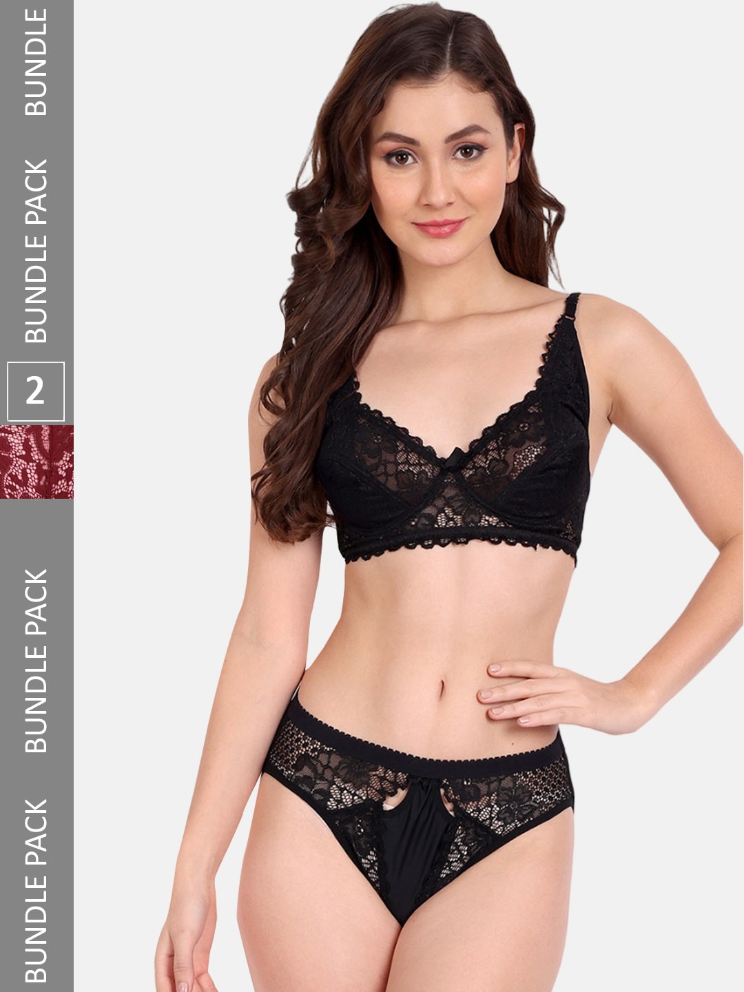 

FIMS Pack Of 2 Self Design Laced Lingerie Set, Black