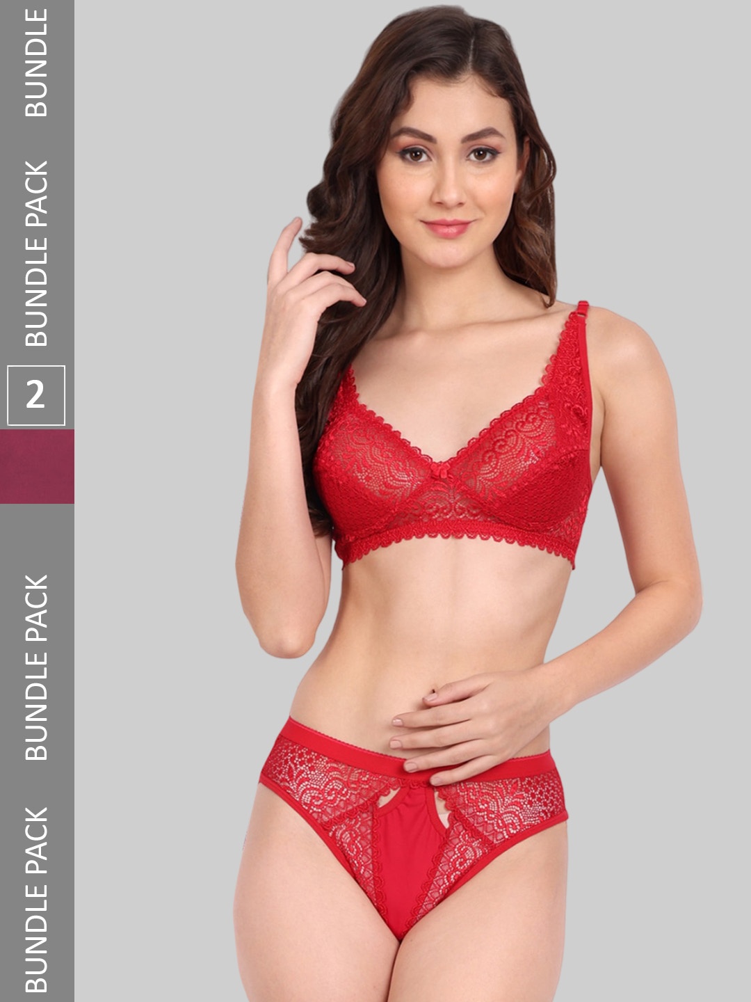 

FIMS Pack Of 2 Self-Design Lingerie Set, Red