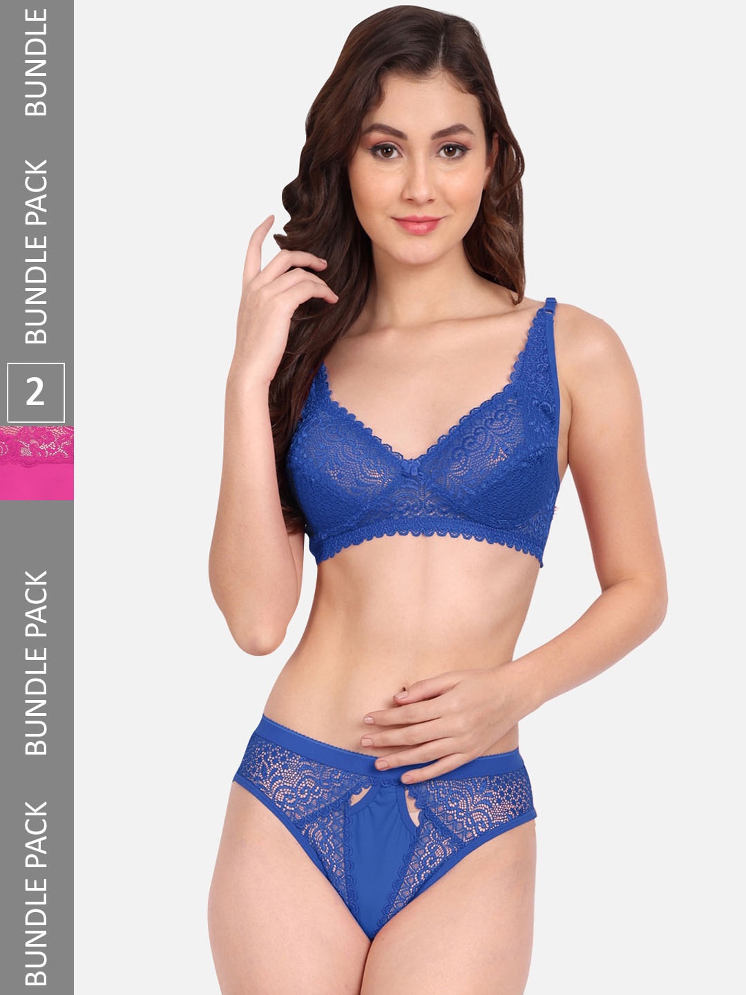 

FIMS Pack Of 2 Self-Design Lace Lingerie Set, Blue