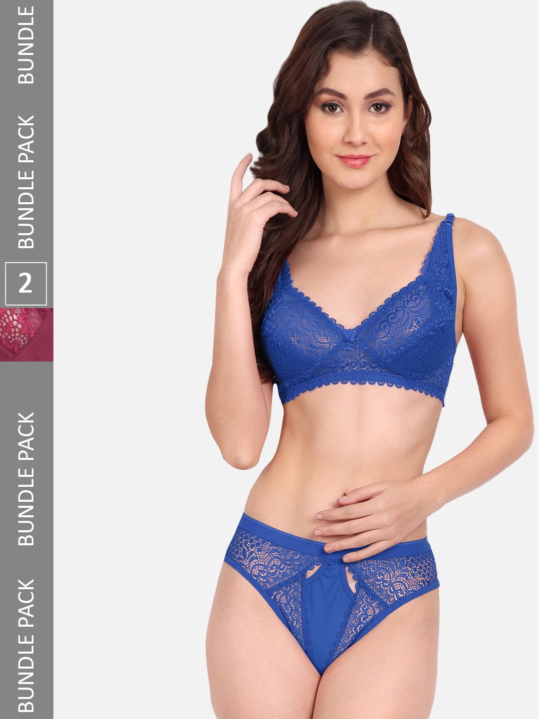 

FIMS Pack Of 2 Self-Design Lace Lingerie Set, Blue