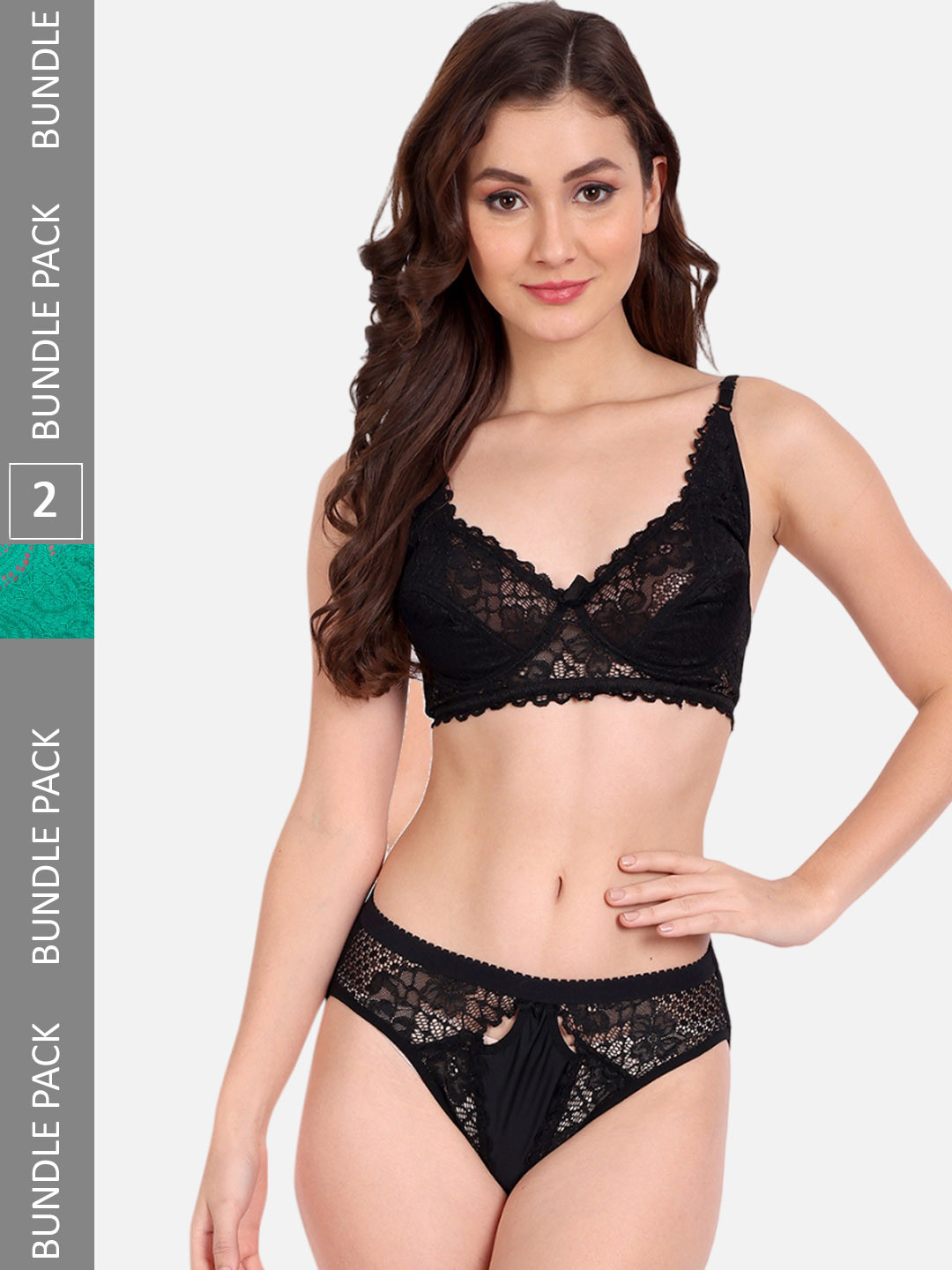 

FIMS Pack Of 2 Floral Laced Lingerie Set, Green