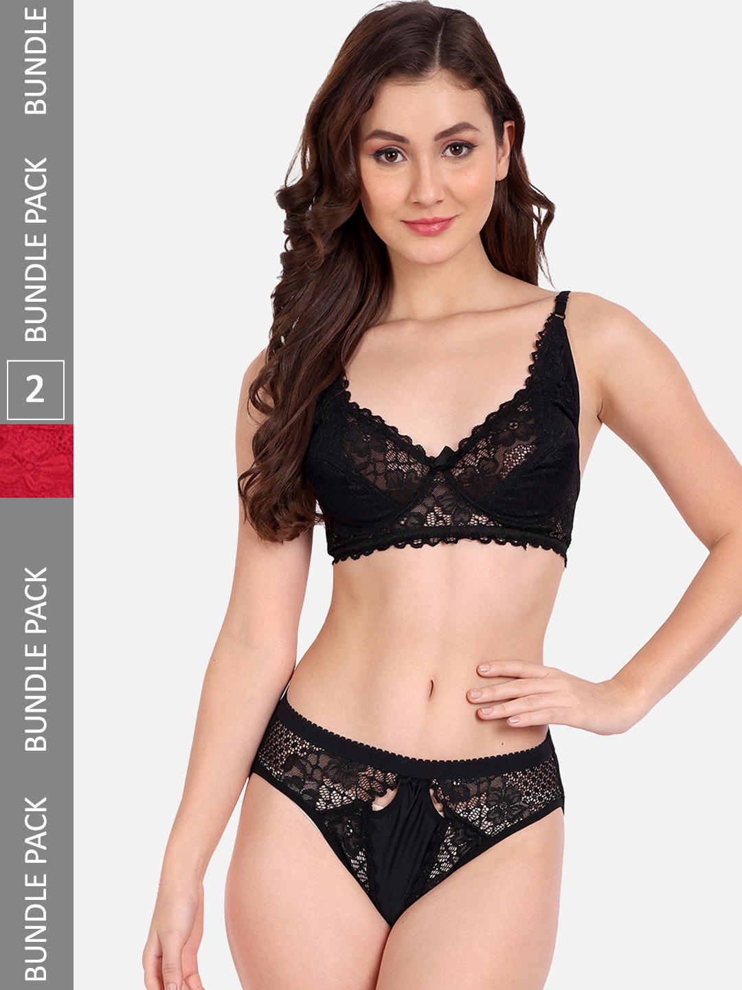 

FIMS Pack Of 2 Self-Design Lingerie Set, Black