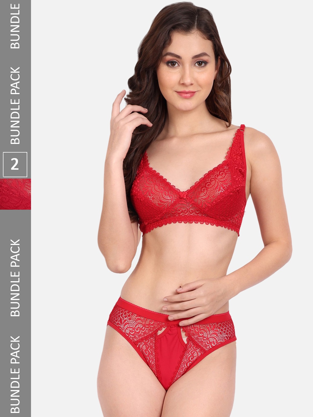 

FIMS Pack Of 2 Self-Design Lace Lingerie Set, Red