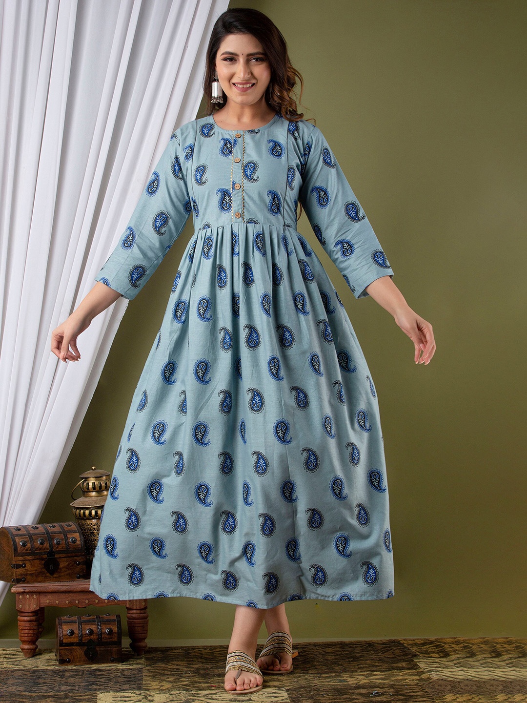 

Mialo fashion Ethnic Motifs Printed Cotton Feeding Maternity Ethnic Dress, Blue