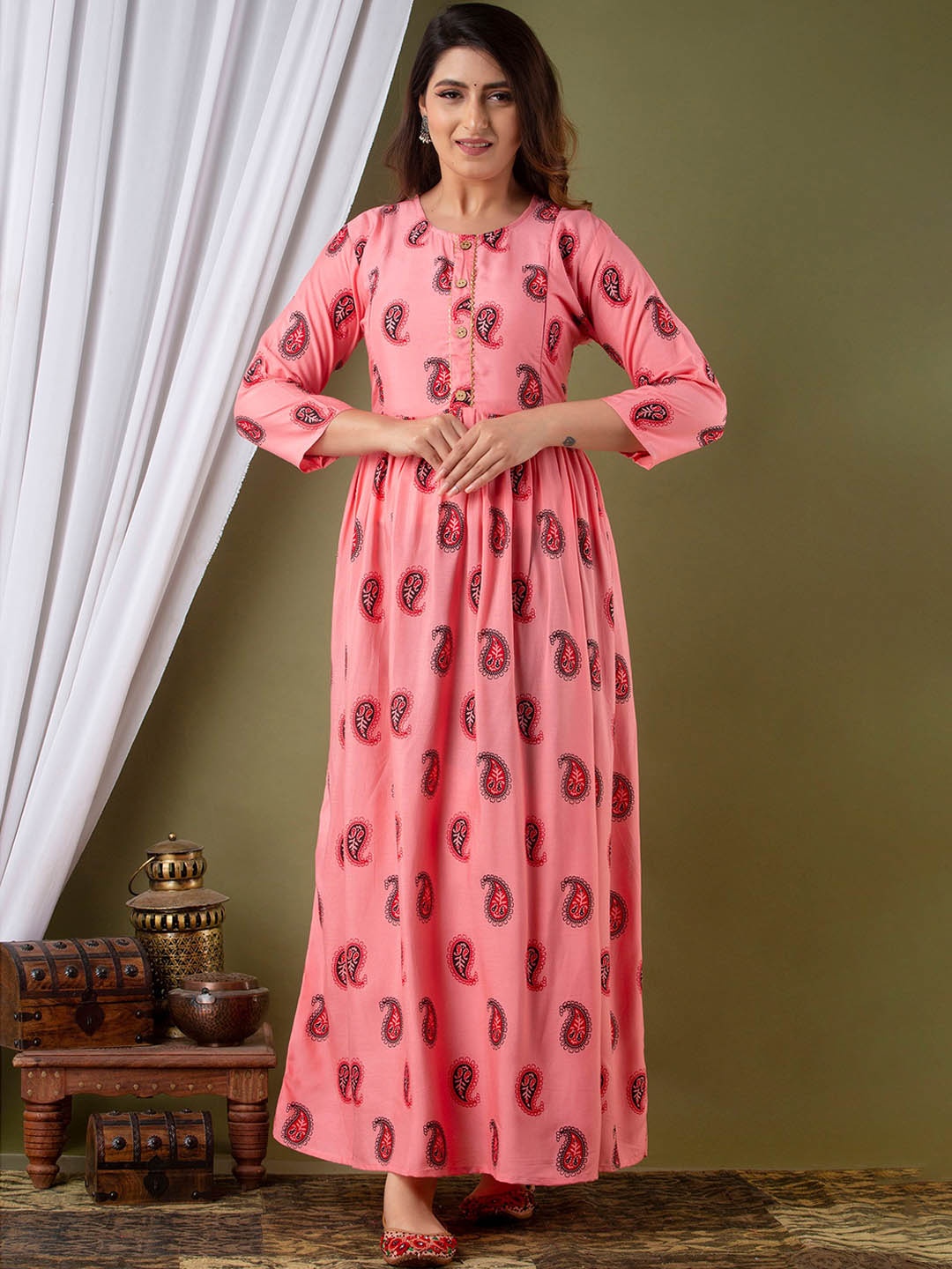 

Mialo fashion Ethnic Motifs Printed Cotton Feeding Maternity Ethnic Dress, Pink
