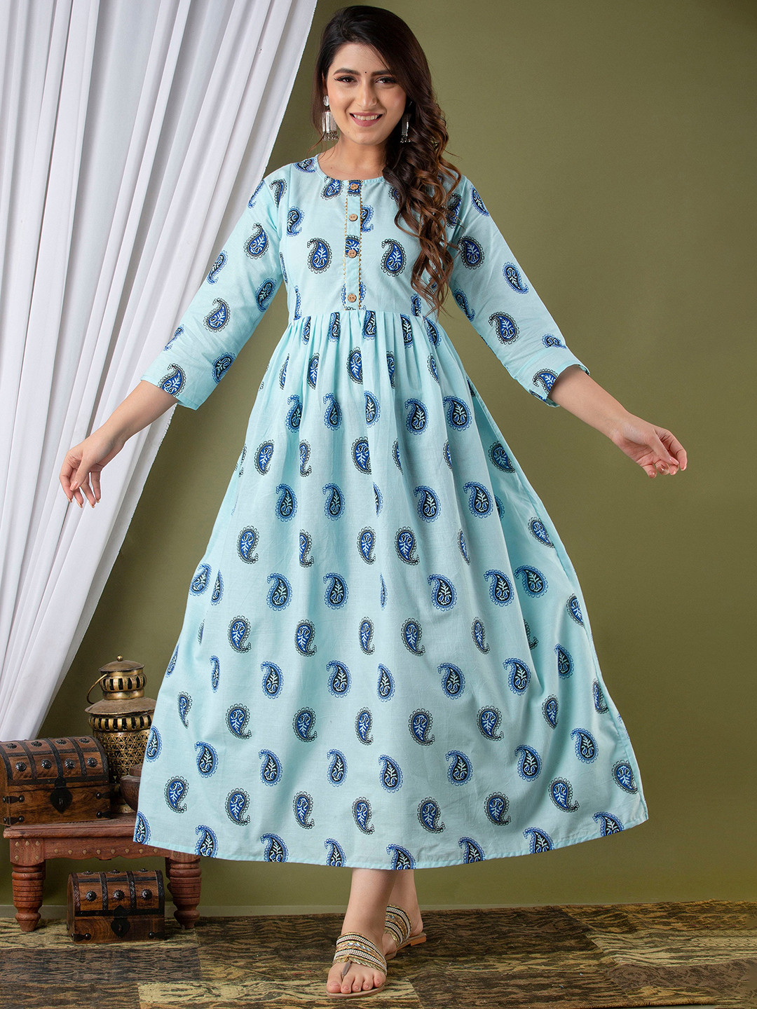 

Mialo fashion Ethnic Motifs Printed Cotton Feeding Maternity Ethnic Dress, Blue