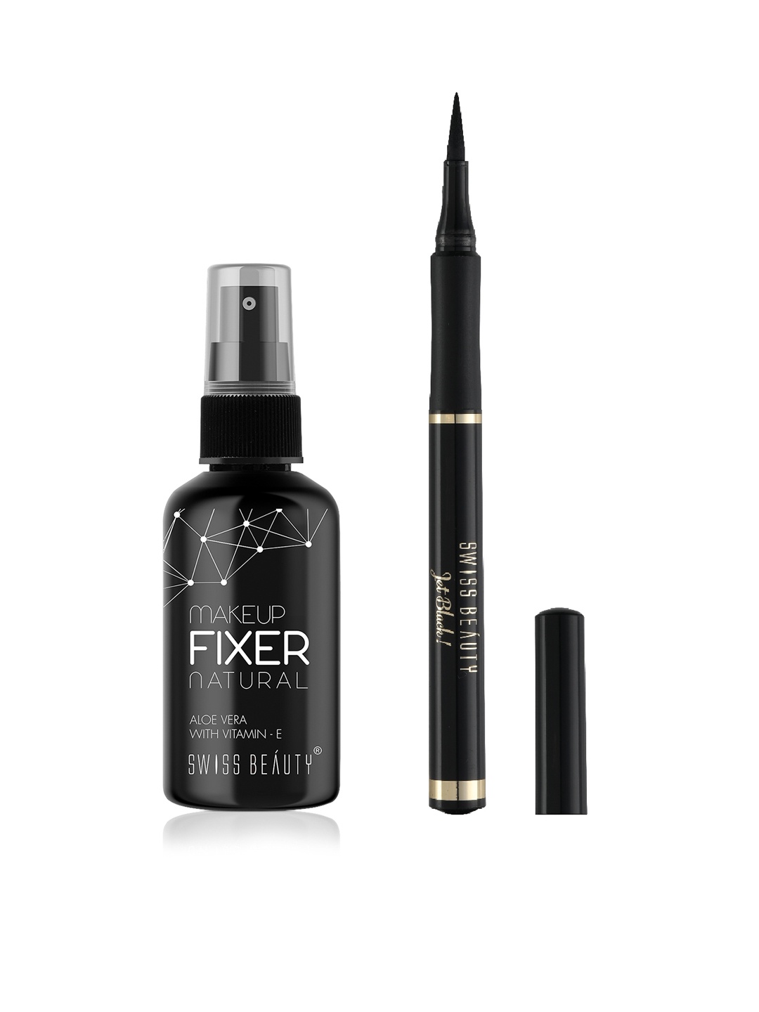 

SWISS BEAUTY Makeup Fixer Natural Spray 50ml & Bold Felt Tip Eyeliner 1.2ml - Jet Black, Transparent
