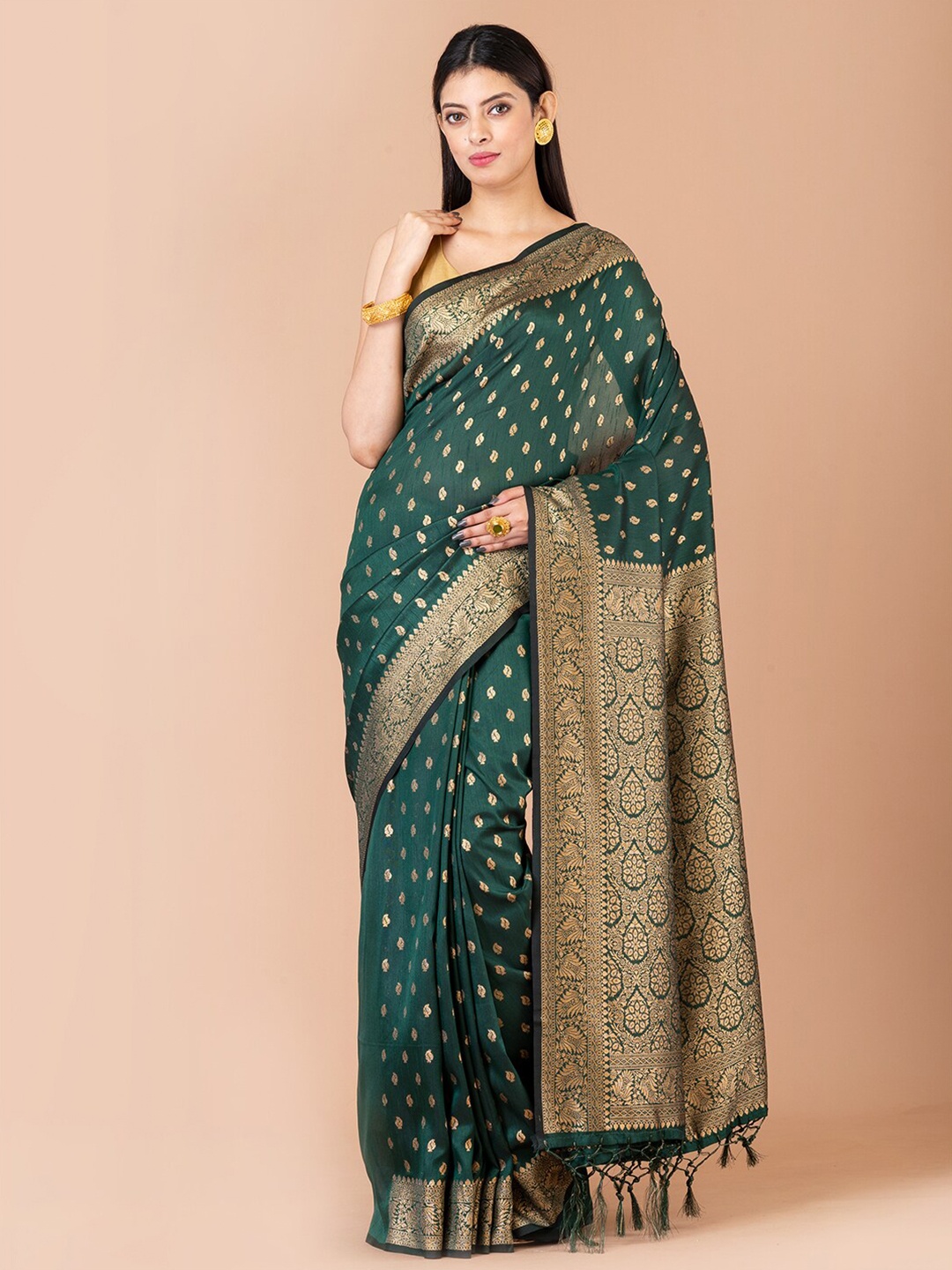 

Laa Calcutta Ethnic Motifs Woven Design Zari Banarasi Saree, Green